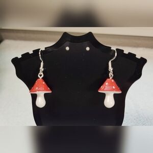 Red Mushroom Statement Dangle Earrings / Pierced